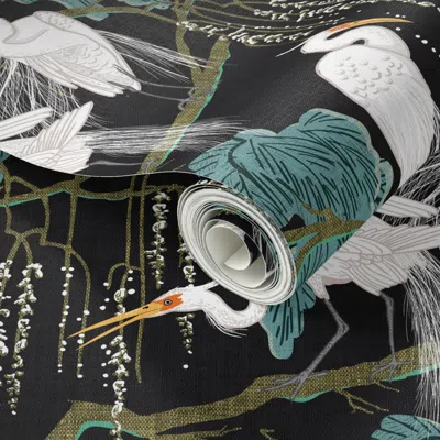 Spoonflower Peel And Stick Wallpaper Egrets & Willow (black) Med 2' X 12' Removable