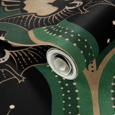 Spoonflower Peel And Stick Wallpaper Elegant Art Deco Bats And Flowers -emerald Green Gold Black And Pink -jumbo In Multi
