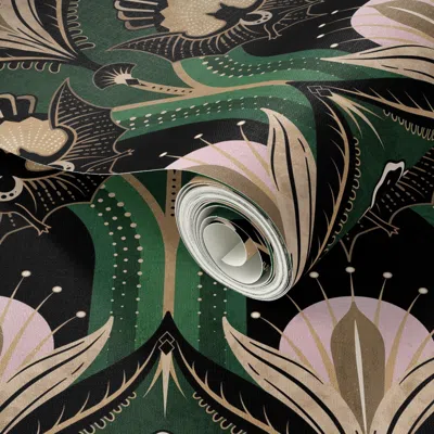 Spoonflower Peel And Stick Wallpaper Elegant Art Deco Bats And Flowers Emerald Green Gold Black And Pink -large 
