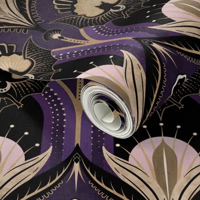Spoonflower Peel And Stick Wallpaper Elegant Art Deco Bats And Flowers -royal Purple Gold Black And Pink -large 