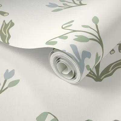 Spoonflower Peel And Stick Wallpaper Elodie Floral Meadow Large Blue And Green Heritage Traditional 2' X 12' Rem In Neutral