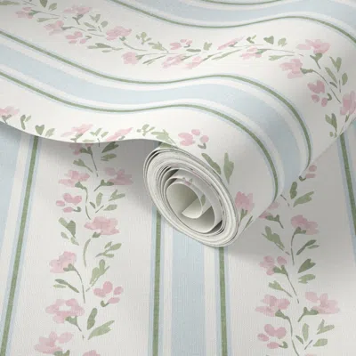 Spoonflower Peel And Stick Wallpaper English Country Floral Stripe In Blue & Pink - Grandmillennial Botanical  R