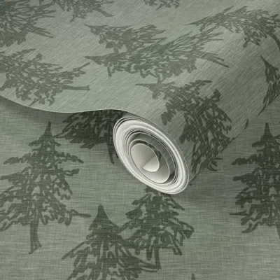 Spoonflower Peel And Stick Wallpaper Evergreen Trees On Linen - Fern 2' X 12' Removable In Green