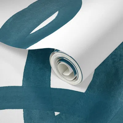 Spoonflower Peel And Stick Wallpaper Extra Large Circles Half Drop Custom Teal3 On White 2' X 12' Removable In Blue