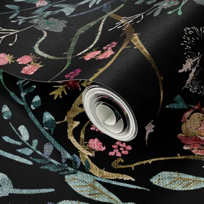 Spoonflower Peel And Stick Wallpaper Fable Floral (black) Jumbo 2' X 12' Removable
