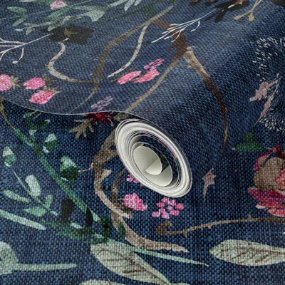 Spoonflower Peel And Stick Wallpaper Fable Floral (navy) Jumbo 2' X 12' Removable In Multi