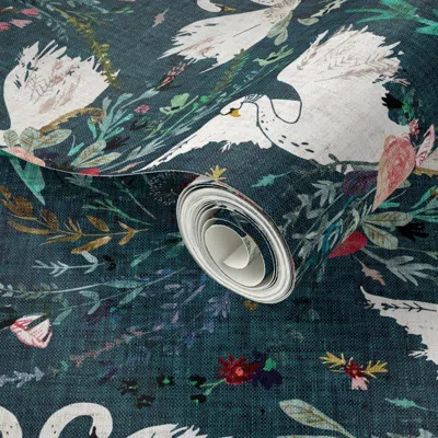 Spoonflower Peel And Stick Wallpaper Fable Swan Damask (teal) Sml 2' X 12' Removable