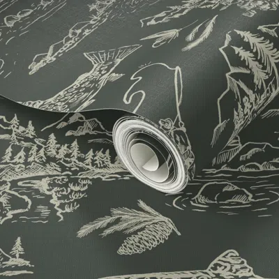 Spoonflower Peel And Stick Wallpaper Fabric In Fly Fishing With Bear In Reverse Green 2' X 12' Removable