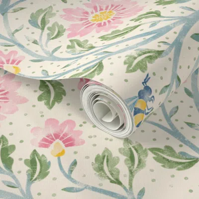 Spoonflower Peel And Stick Wallpaper Faded Watercolor Indian Floral With Bees - Green Blue Pink On Cream - 12  R