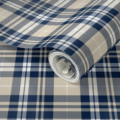 Spoonflower Peel And Stick Wallpaper Fall Plaid Navy Tan White 2' X 12' Removable