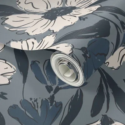 Spoonflower Peel And Stick Wallpaper Fallen Blooms Extra Large Cream-mid Blue 2' X 12' Removable