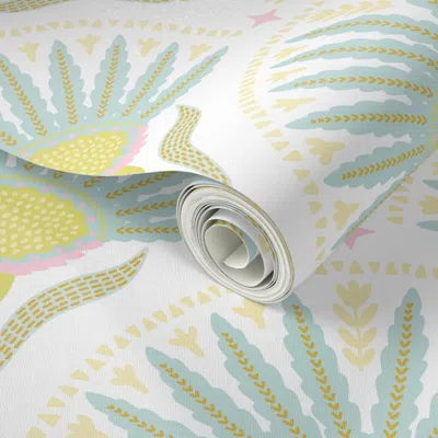 Spoonflower Peel And Stick Wallpaper Fan Florals Aqua Yellow 2' X 12' Removable
