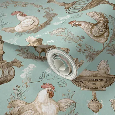 Spoonflower Peel And Stick Wallpaper Fancy Chickens In Spa F  Removable In Green
