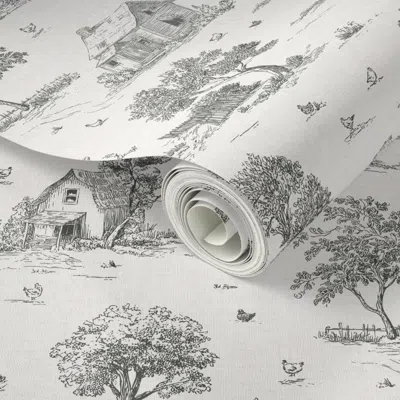 Spoonflower Peel And Stick Wallpaper Farmhouse Toile Vintage Rural Scene - Black & Creamy White - Medium  Remova