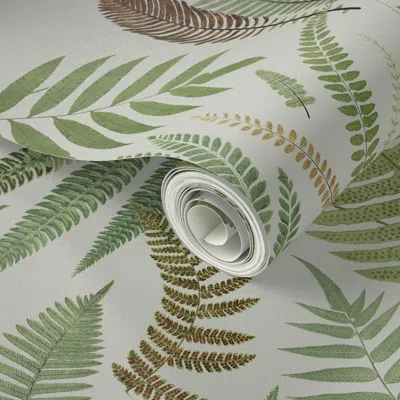 Spoonflower Peel And Stick Wallpaper Ferns Of A Feather On Buff 2' X 12' Removable In Green