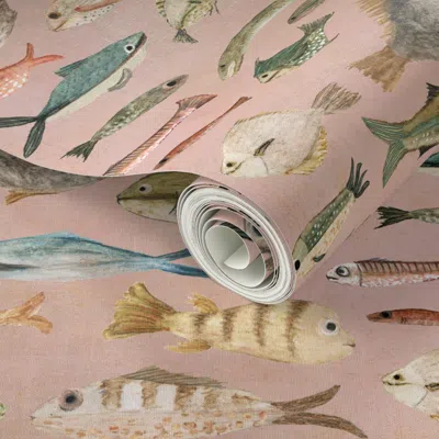 Spoonflower Peel And Stick Wallpaper Fish - Hand Drawn Fish On Dusky Pink For Coastal Decor & Sewing 2' X 12' Re