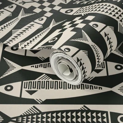 Spoonflower Peel And Stick Wallpaper Fish Marché (black-large Scale) 2' X 12' Removable