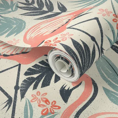 Spoonflower Peel And Stick Wallpaper Flamingo Fiesta Large Flamingoes Retro Tropical Wall Accent Summer 2' X 12'