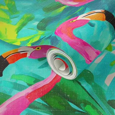 Spoonflower Peel And Stick Wallpaper Flamingo  For Tropical Home Decor For Island Colors Pink Green 2' X 12' Rem