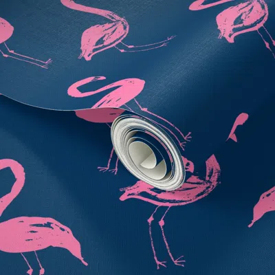 Spoonflower Peel And Stick Wallpaper Flamingo Pink And Blue Navy Blue Girls Preppy Summer Prep Sweet Watercolor 