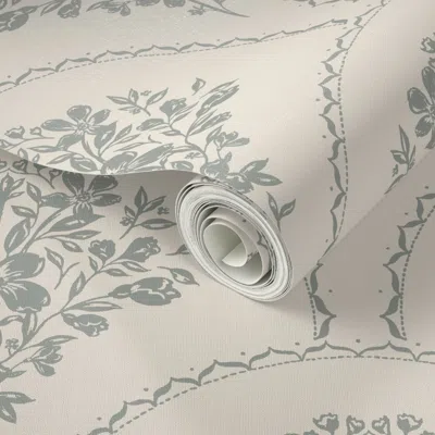 Spoonflower Peel And Stick Wallpaper Fleur - French Provincial Scallop Florals - Cream & Moss Green  Removable
