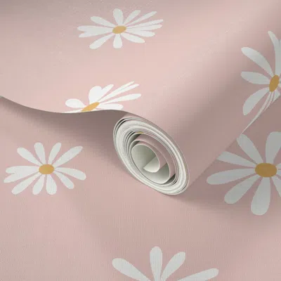 Spoonflower Peel And Stick Wallpaper Floral Daisies Nursery Baby Girls Room Pastel Pink Mustard - Jumbo 24x24  R