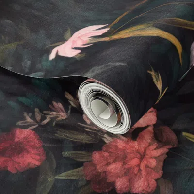 Spoonflower Peel And Stick Wallpaper Floral Fable Dark Floral Rose Black Moody Flowers Wildflowers 2' X 12' Remo