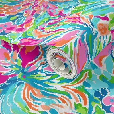 Spoonflower Peel And Stick Wallpaper Floral Fiesta - Med. Scale - Pinks And Teal On White  Removable