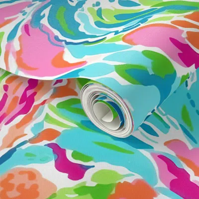 Spoonflower Peel And Stick Wallpaper Floral Fiesta - Pinks And Teal On White 2' X 12' Removable