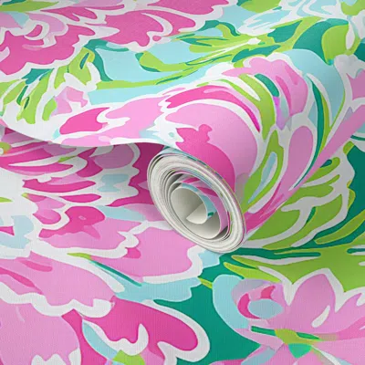 Spoonflower Peel And Stick Wallpaper Floral Preppy Grand Millennial Aqua Blue Pink Green Dorm Home Decor Chic 2'