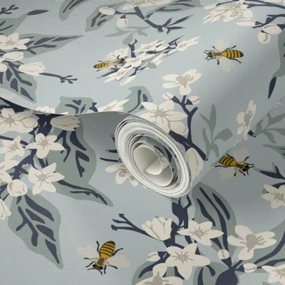 Spoonflower Peel And Stick Wallpaper Flowers & Bees Only - Medium - Blue 2' X 12' Removable