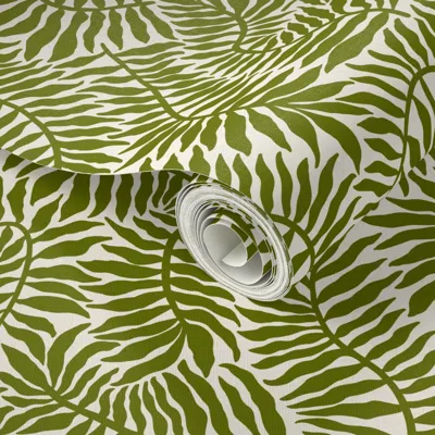Spoonflower Peel And Stick Wallpaper Flowing Fern Leaves - Moss Green On Cream White (m) 12 Inch 2' X 12' Remova