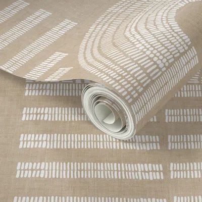 Spoonflower Peel And Stick Wallpaper Freehand Dash Arches White On Beige 2' X 12' Removable