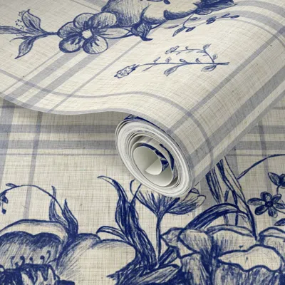 Spoonflower Peel And Stick Wallpaper French Country Cottage Checkers In Navy Blue With Delft Ware Flowers 2' X 1