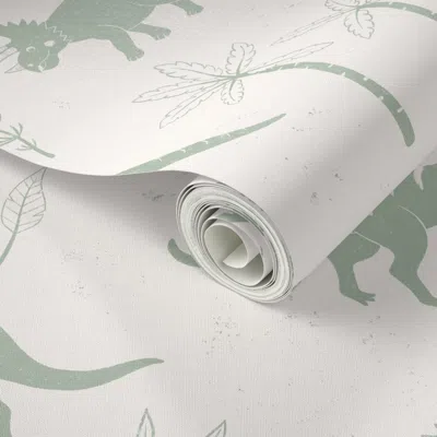Spoonflower Peel And Stick Wallpaper Friendly Dinos - Fun Dinosaur Whimsical Baby Nursery Walls - Sage Green 2' 