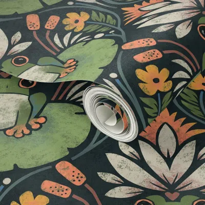 Spoonflower Peel And Stick Wallpaper Frog And Lotus In Green And Navy Medium Scale  Removable