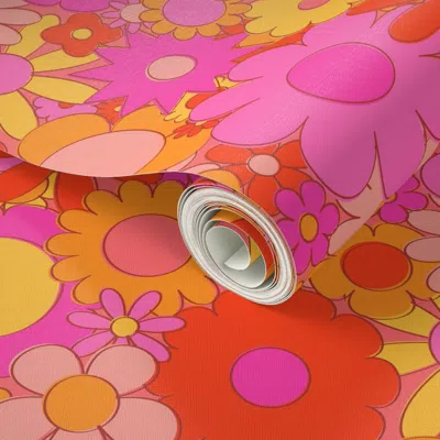 Spoonflower Peel And Stick Wallpaper Funky Daisy Floral In Orange + Pink 2' X 12' Removable