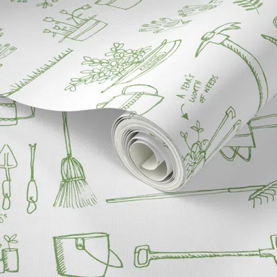 Spoonflower Peel And Stick Wallpaper Garden Tools 2' X 12' Removable In Green