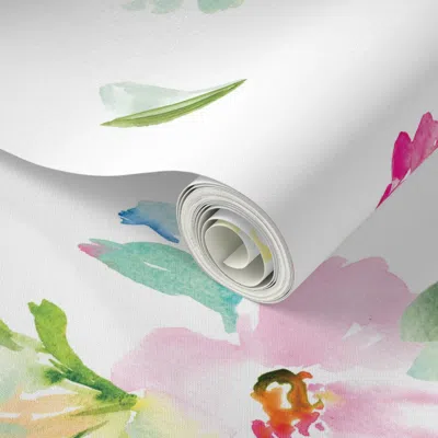 Spoonflower Peel And Stick Wallpaper Gemma Watercolor Flowers Tossed 2' X 12' Removable
