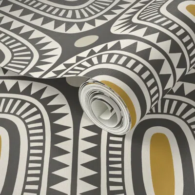 Spoonflower Peel And Stick Wallpaper Geometric Sun Ovals - Charcoal Black And Mustard (medium) 2' X 12' Removabl