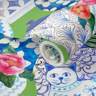 Spoonflower Peel And Stick Wallpaper Ginger Jars And Foo Dogs In Blue And White On Emerald Green 2' X 12' Remova