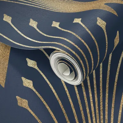 Spoonflower Peel And Stick Wallpaper Glamour Art Deco (navy - Gold) 2' X 12' Removable