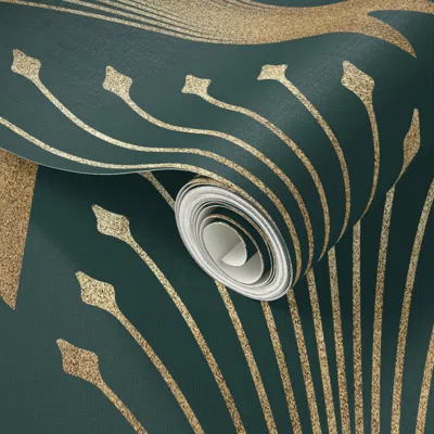 Spoonflower Peel And Stick Wallpaper Glamour Art Deco (pine Green - Gold) 2' X 12' Removable