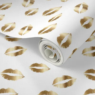 Spoonflower Peel And Stick Wallpaper Gold Lips On White Gold Kiss Print Lip 2' X 12' Removable