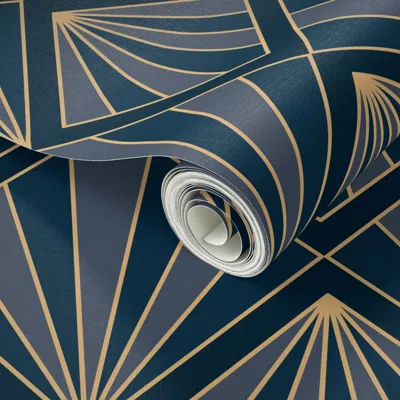 Spoonflower Peel And Stick Wallpaper Golden Art Deco Sunburst Geometric Fan And Diamond - Dusky Blue - Small 2' 