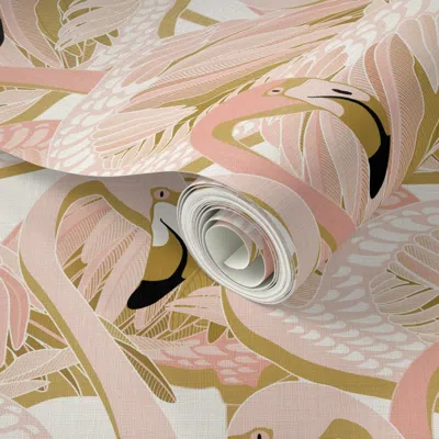 Spoonflower Peel And Stick Wallpaper Golden Flamingo Linen 2' X 12' Removable In Multi