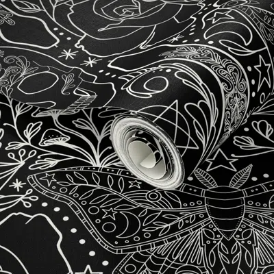 Spoonflower Peel And Stick Wallpaper Goth Gothic  Skull Mushroom Rose Snake Ornament Moth Black White 2' X 12' R