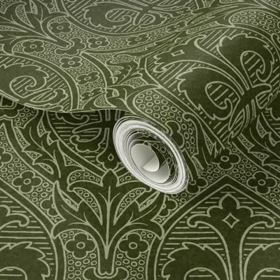 Spoonflower Peel And Stick Wallpaper Gothic Revival Fleur De Lys 6w Dark Olive Green 2' X 12' Removable