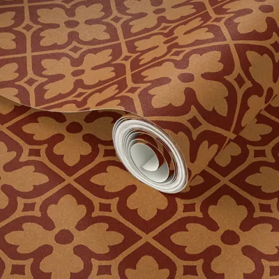 Spoonflower Peel And Stick Wallpaper Gothic Revival Quatrefoil Lattice - Red And Tawny  Removable