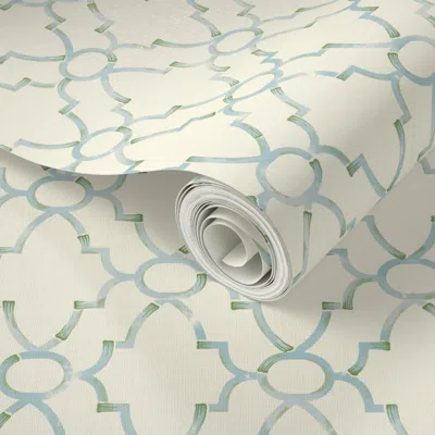 Spoonflower Peel And Stick Wallpaper Grandmillennial Bamboo Pavilion Trellis - Light Blue/green Watercolors -12  In White